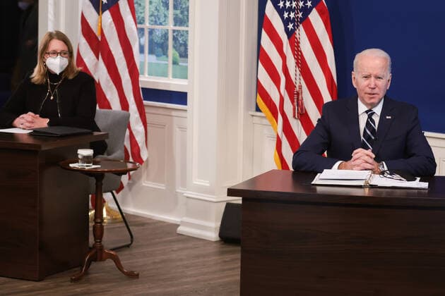FEMA Administrator Deanne Criswell looks on as President Joe Biden delivers an update on his Administration s whole-of-government COVID-19 surge response in South Court Auditorium of the Eisenhower Executive Office Building next to the White House on January 13, 2022 in Washington, DC.  wasp20220113114 OliverxContreras