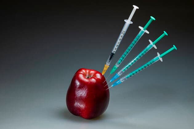 Covidmotiv Symbolbild Impfung eine Coronaspritze steckt in einem roten Apfel. Bannewitz Sachsen GERMANY