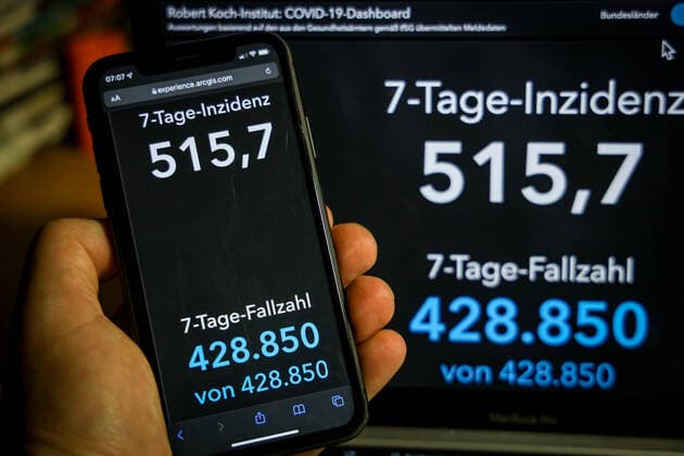 Coronavirus in Deutschland - Covid-19-Dashboard des Robert Koch-Institut 16.01.2022: Robert Koch-Institut: 7-Tage-Inzidenz 515,7. 7-Tage-Fallzahl 428.850. COVID-19-Fälle 7.965.977. Zugang um 52.504 gegenüber dem Vortag. COVID-19-Todesfälle 115.619. Zugang um 47 gegenüber dem Vortag.