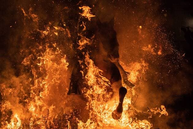 Bilder des Jahres 2022, News 01 Januar News Themen der Woche KW02 News Bilder des Tages Spanien, Festival Luminarias des heiligen Antonius in San Bartolome de Pinares January 16, 2022, San Bartolome de Pinares, Avila, Spain: A man rides a horse through a bonfire as part of a ritual in honor of Saint Anthony the Abbot in San Bartolome de Pinares, Spain, on January 16, 2022. On the eve of Saint Anthony s Day, the patron saint of animals, horses are ridden through the bonfires in the narrow cobblestone streets of the small village of San Bartolome. The tradition, known as Luminarias, is hundreds of years old and is meant to purify and protect the animal during the year ahead. San Bartolome de Pinares Spain - ZUMAb157 20220116_zap_b157_014 Copyright: xManuelxBallesx