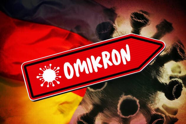 FOTOMONTAGE, Roter Wegweiser mit Aufschrift Omikron, steigende Omikron-Fallzahlen in Deutschland