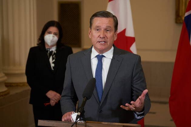 January 18, 2022, Winnipeg, MB, CANADA: Doyle Piwniuk, Minister of Transportation and Infrastructure, speaks to the media at a press conference after he is sworn-in at the Manitoba Legislative Building in Winnipeg, Manitoba, Tuesday January 18, 2022. Winnipeg CANADA  - ZUMAc35_ 20220118_zaf_c35_074 Copyright: xDavidxLipnowskix