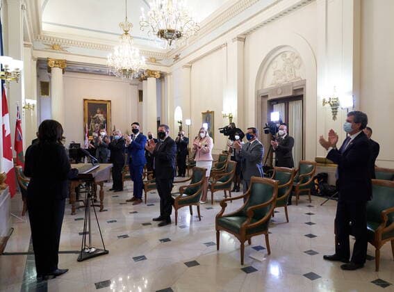 January 18, 2022, Winnipeg, MB, CANADA: Heather Stefanson, Premier of Manitoba speaks during a swearing in ceremony for her cabinet at the Manitoba Legislative Building in Winnipeg, Tuesday, January 18, 2022. Winnipeg CANADA  - ZUMAc35_ 20220118_zaf_c35_090 Copyright: xDavidxLipnowskix