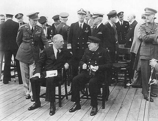 The Atlantic Charter was a pivotal policy statement issued in August 14, 1941 that, early in World War II, defined the Allied goals for the post-war world. It was drafted by the leaders of Britain and the United States, and later agreed to by all the Allies.<br ><br > The Charter stated the ideal goals of the war: no territorial aggrandizement; no territorial changes made against the wishes of the people; restoration of self-government to those deprived of it; reduction of trade restrictions; global cooperation to secure better economic and social conditions for all; freedom from fear and want; freedom of the seas; and abandonment of the use of force, as well as disarmament of aggressor nations. In the Declaration by United Nations of 1 Supplier:xCPAxMediaxCo.xLtd. 1060_05_cpa0025598