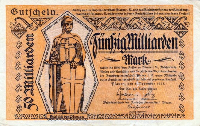 Notgeld, 50 Milliarden Mark, Inflation 1923, Plauen, Sachsen, Deutschland Emergency money, 50 billion marks, inflation 1923, Plauen, Saxony, Germany, Historisch, historical, digital improved reproduction of an original artwork from the time digital restaurierte Reproduktion einer Originalvorlage aus der damaligen Zeit, genaues Originaldatum nicht bekannt 1f-4840103