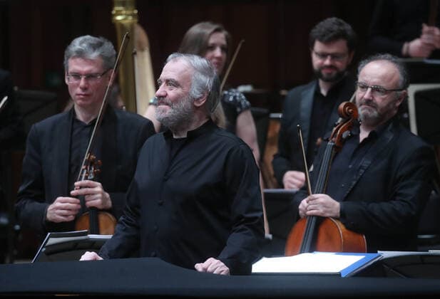 MOSCOW, RUSSIA â€” JANUARY 22, 2022: Conductor Valery Gergiev (C front) is seen during a concert in which he performed with the Mariinsky Theatre Symphony Orchestra at Zaryadye Concert Hall. The concert was organised by Valery Gergiev Foundation. Sergei Fadeichev TASS  TS11FFE5