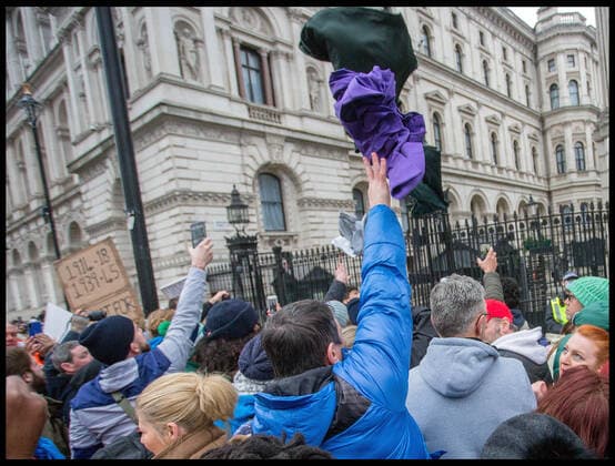 . 22 01 2022. London, United Kingdom. Anti Vax Protest at the BBC. NHS Uniforms are thrown at the gates of Downing Street during protest by anti vaxers including the group calling themselves Alpha Men Assemble in Whitehall, London  xMartynxWheatleyx xi-Imagesx IIM-23031-0051