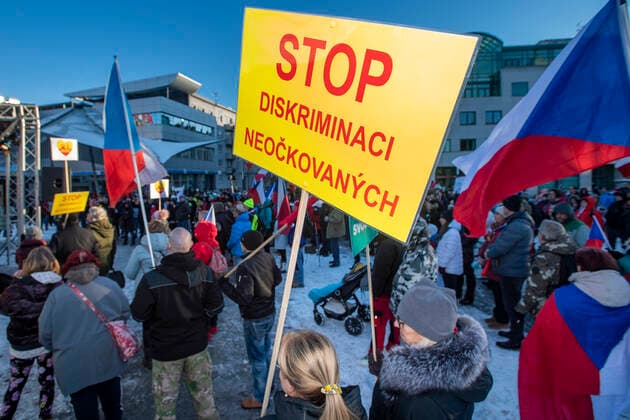 The demonstration of the Let Us Open Czechia-DOG Croaked group with the slogan Life without Conditions , which was attended by opponents against epidemiological measures and compulsory COVID-19 vaccination, was held on January 22, 2022, in Hradec Kralove, Czech Republic. (CTKxPhoto DavidxTanecek) CTKPhotoP2022012205084  TAD 003