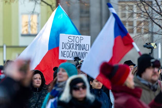 The demonstration of the Let Us Open Czechia-DOG Croaked group with the slogan Life without Conditions , which was attended by opponents against epidemiological measures and compulsory COVID-19 vaccination, was held on January 22, 2022, in Hradec Kralove, Czech Republic. (CTKxPhoto DavidxTanecek) CTKPhotoP2022012205087  TAD 002