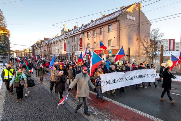 The demonstration of the Let Us Open Czechia-DOG Croaked group with the slogan Life without Conditions , which was attended by opponents against epidemiological measures and compulsory COVID-19 vaccination, was held on January 22, 2022, in Hradec Kralove, Czech Republic. (CTKxPhoto DavidxTanecek) CTKPhotoP2022012205092  TAD 009