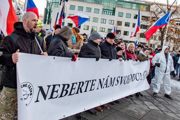 The demonstration of the Let Us Open Czechia-DOG Croaked group with the slogan Life without Conditions , which was attended by opponents against epidemiological measures and compulsory COVID-19 vaccination, was held on January 22, 2022, in Hradec Kralove, Czech Republic. (CTKxPhoto DavidxTanecek) CTKPhotoP2022012205141  TAD 012k