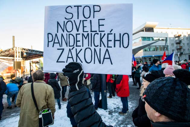 The demonstration of the Let Us Open Czechia-DOG Croaked group with the slogan Life without Conditions , which was attended by opponents against epidemiological measures and compulsory COVID-19 vaccination, was held on January 22, 2022, in Hradec Kralove, Czech Republic. (CTKxPhoto DavidxTanecek) CTKPhotoP2022012205142  TAD 011