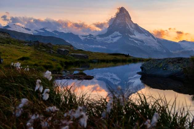 Matterhorn mountain reflection on Stellisee lake at sunset in Zermatt, Switzerland, LOMF01295