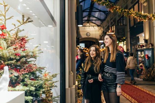 Cheerful friends looking at Christmas tree through store window at night model released, JRVF02472