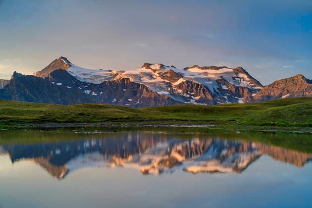 Reflection of Vanoise Massif mountain in lake, Vanoise National Park, France, ANSF00180