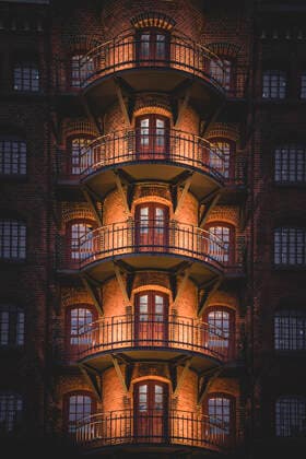 Creative Highlights World Germany, Hamburg, Row of warehouse balconies in Speicherstadt, KEBF02157
