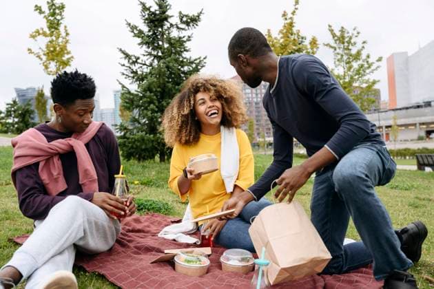 IMAGO Creative: Jahreszeit Frühling, Picknick Cheerful friends having picnic in park model released, VYF00810