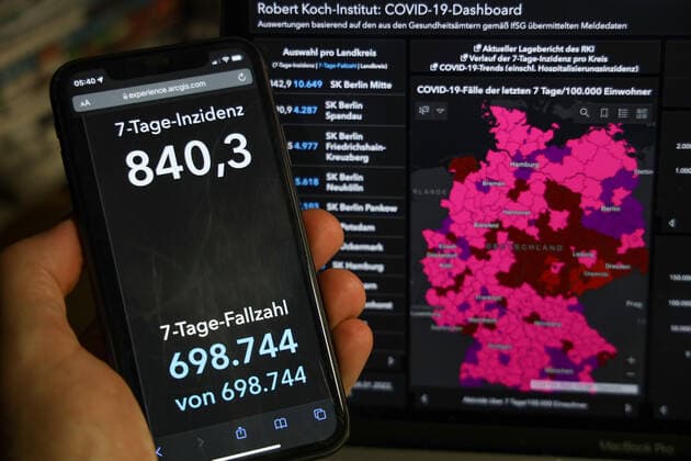 Coronavirus in Deutschland - Covid-19-Dashboard des Robert Koch-Institut 24.01.2022: Robert Koch-Institut: 7-Tage-Inzidenz 840,3. 7-Tage-Fallzahl 698.744 COVID-19-Fälle 8.744.840. Zugang um 63.393 gegenüber dem Vortag. COVID-19-Todesfälle 116.746. Zugang um 28 gegenüber dem Vortag.