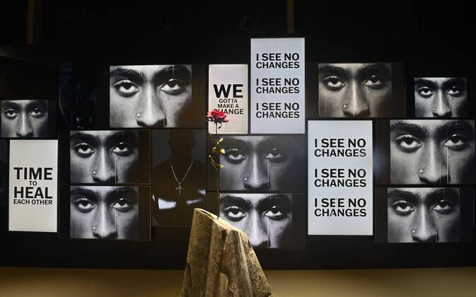 An exhibit is seen on display during the weekend opening of the Tupac Shakur. Wake Me When I m Free museum at The Canvas at LA Live in Los Angeles on Sunday, January 23, 2022. The limited-run immersive museum exploring the life, music and legacy of the rapper Tupac Shakur opened Friday.  LAP2022012304 JIMxRUYMEN
