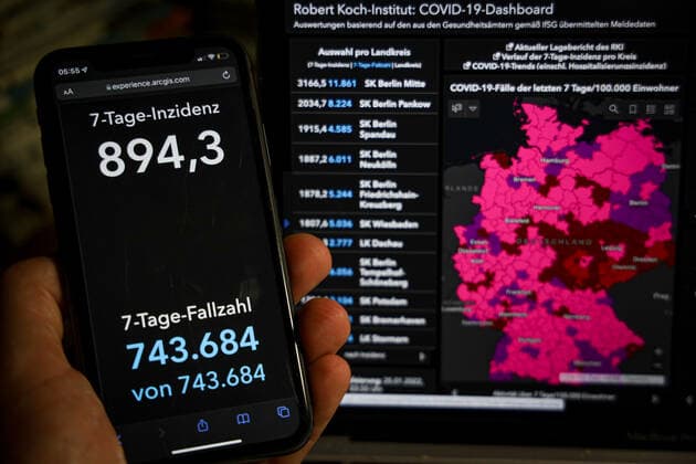 News Bilder des Tages Coronavirus in Deutschland - Covid-19-Dashboard des Robert Koch-Institut 25.01.2022: Robert Koch-Institut: 7-Tage-Inzidenz 894,3. 7-Tage-Fallzahl 743.684 COVID-19-Fälle 8.871.795. Zugang um 126.955 gegenüber dem Vortag. COVID-19-Todesfälle 116.960. Zugang um 214 gegenüber dem Vortag.