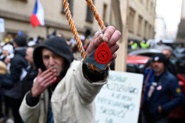 Demonstration of the Let Us Open Czechia-DOG Croaked anti-lockdown movement against amendment of pandemic bill was held on January 25, 2022, in Prague, Czech Republic. (CTKxPhoto OndrejxDeml) CTKPhotoP2022012503545  dml_001