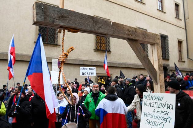 Demonstration of the Let Us Open Czechia-DOG Croaked anti-lockdown movement against amendment of pandemic bill was held on January 25, 2022, in Prague, Czech Republic. (CTKxPhoto OndrejxDeml) CTKPhotoP2022012503787  dml_012