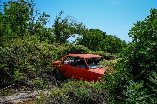 Theologos, Thassos, Griechenland - Altes, verrostetes, rotes, Ford Taunus, Schrottauto steht in der Landschaft und wird langsam von Pflanzen ueberwuchert im Bergdorf Theologos auf der Insel Thassos. Theologos Ostmakedonien und Thrakien Griechenland *** Theologos, Thassos, Greece Old, rusty, red, Ford Taunus, junk car stands in the landscape and is slowly overgrown by plants in the mountain village of Theologos on the island of Thassos Theologos Eastern Macedonia and Thrace Greece