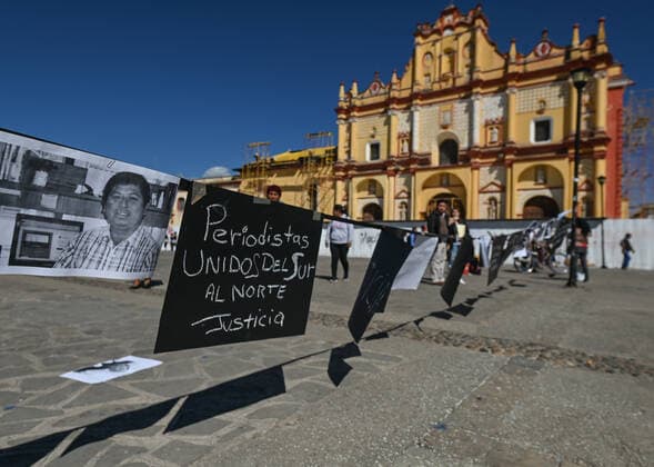 Mexican Journalists Demand End To Killings Photos of murdered journalists displayed in front of the Cathedral of San Cristobal de las Casas, during a nationwide protest against violence against journalists in Mexico. Journalist Lourdes Maldonado Lopez was shot dead on the 24 January 2022 in her car outside her home in Tijuana, marking the third murder of a journalist in the country this year. On Tuesday, January 25, 2022, in San Cristobal de las Casas, Chiapas, Mexico. San Cristobal de las Casas Mexico  Copyright: xArturxWidakx originalFilename: widak-mexicanj220125_npJAB.jpg