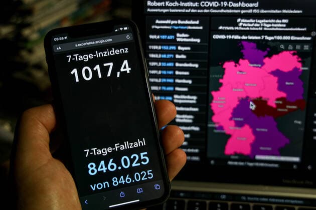 Coronavirus in Deutschland - Covid-19-Dashboard des Robert Koch-Institut 27.01.2022: Robert Koch-Institut: 7-Tage-Inzidenz 1017,4. 7-Tage-Fallzahl 846.025 COVID-19-Fälle 9.238.931. Zugang um 203.136 gegenüber dem Vortag. COVID-19-Todesfälle 117.314. Zugang um 188 gegenüber dem Vortag.