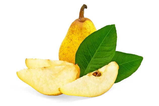 Yellow pear, three slices of pear and two green leaf isolated on white background Copyright: xkostrezx 2617383