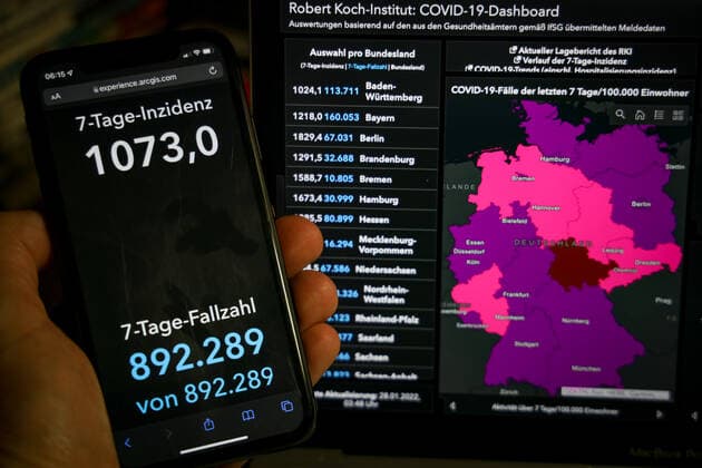 Coronavirus in Deutschland - Covid-19-Dashboard des Robert Koch-Institut 28.01.2022: Robert Koch-Institut: 7-Tage-Inzidenz 1073,0. 7-Tage-Fallzahl 892.289 COVID-19-Fälle 9.429.079. Zugang um 190.148 gegenüber dem Vortag. COVID-19-Todesfälle 117.484. Zugang um 170 gegenüber dem Vortag.