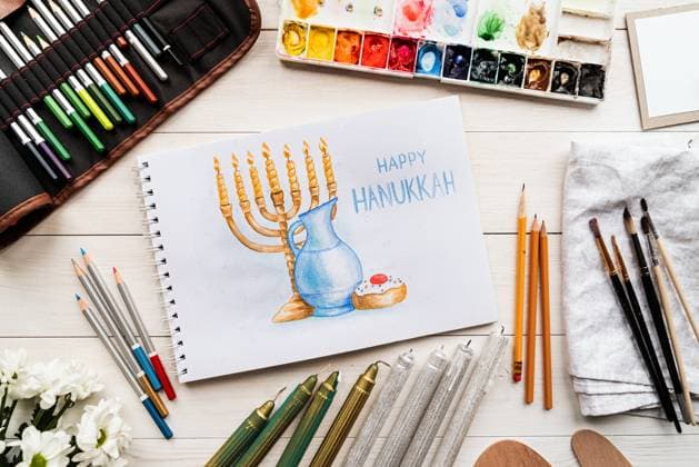 Top view of a watercolor art Happy Hanukkah Top view of a watercolor art Happy Hanukkah, watercolor art, flat lay Copyright: xx 43340364