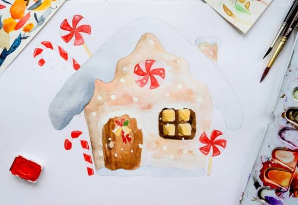 Christmas watercolor paintings Christmas gingerbread house drawn with watercolor. New Year Xmas festive card painted with aquarelle Copyright: xx 43569890