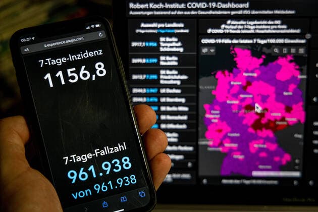 Coronavirus in Deutschland - Covid-19-Dashboard des Robert Koch-Institut 30.01.2022: Robert Koch-Institut: 7-Tage-Inzidenz 1156,8. 7-Tage-Fallzahl 937.961.938730 COVID-19-Fälle 9.737.215. Zugang um 118.970 gegenüber dem Vortag. COVID-19-Todesfälle 117.725. Zugang um 59 gegenüber dem Vortag.