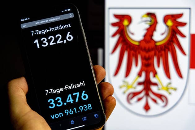 Coronavirus in Deutschland - Covid-19-Dashboard des Robert Koch-Institut DEU, Deutschland, Brandenburg 30.01.2022: Die 7-Tage-Inzidenz für das Bundesland (Fälle letzte 7 Tage 100.000 EW) wird auf einem iPhone angezeigt, im Hintergrund das Landeswappen