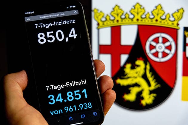 Coronavirus in Deutschland - Covid-19-Dashboard des Robert Koch-Institut DEU, Deutschland, Rheinland-Pfalz 30.01.2022: Die 7-Tage-Inzidenz für das Bundesland (Fälle letzte 7 Tage 100.000 EW) wird auf einem iPhone angezeigt, im Hintergrund das Landeswappen