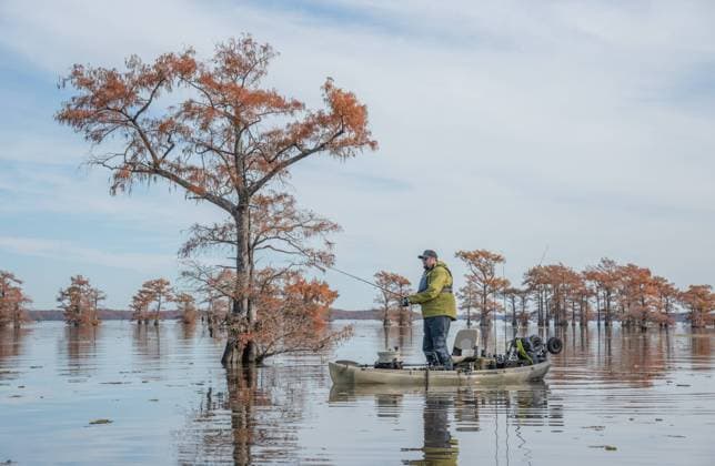 man fishing on lake in fall Uncertain, Texas, United States CR_WHXU220103-886562-01 ,model released, Symbolfoto