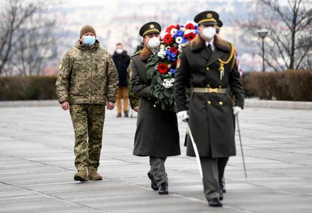 Commander-in-Chief of the Armed Forces of Ukraine Valerii Zaluzhnyi, left, lays wreath at the Vitkov National Memorial in Prague, Czech Republic, on February 1, 2022, during his visit of the Czech Republic. (CTKxPhoto MichaelaxRihova) CTKPhotoP2022020102730  mir 1