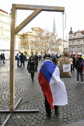 Demonstration of the Let Us Open Czechia-DOG Croaked anti-lockdown movement against amendment of pandemic bill was held on February 1, 2022, in Prague, Czech Republic. The inscription on the sack hanging on the gallows reads education . (CTKxPhoto MichaelaxRihova) CTKPhotoP2022020103194 
