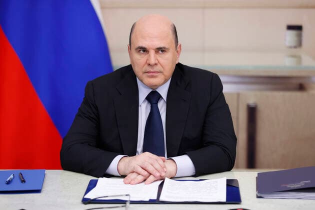 Russia Mishustin Coronavirus Governmental Board 6752765 02.02.2022 Russian Prime Minister Mikhail Mishustin chairs a meeting of the bureau of the governmental board to fight the spread of the coronavirus in Russia, via teleconference call, in Moscow, Russia. Dmitry Astakhov Sputnik Moscow Russia  Copyright: xDmitryxAstakhovx