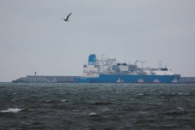 KALININGRAD REGION, RUSSIA â€“ FEBRUARY 2, 2022: A view of Gazprom s Marshal Vasilevskiy floating storage and regasification unit at an offshore gas receiving terminal in the Baltic Sea. To enhance energy security of the Kaliningrad Region, Gazprom ran a project to supply liquefied natural gas (LNG) by sea. Vitaly Nevar TASS  TS120FC7