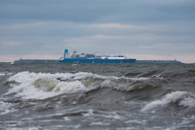 KALININGRAD REGION, RUSSIA â€“ FEBRUARY 2, 2022: A view of Gazprom s Marshal Vasilevskiy floating storage and regasification unit at an offshore gas receiving terminal in the Baltic Sea. To enhance energy security of the Kaliningrad Region, Gazprom ran a project to supply liquefied natural gas (LNG) by sea. Vitaly Nevar TASS  TS120FCA