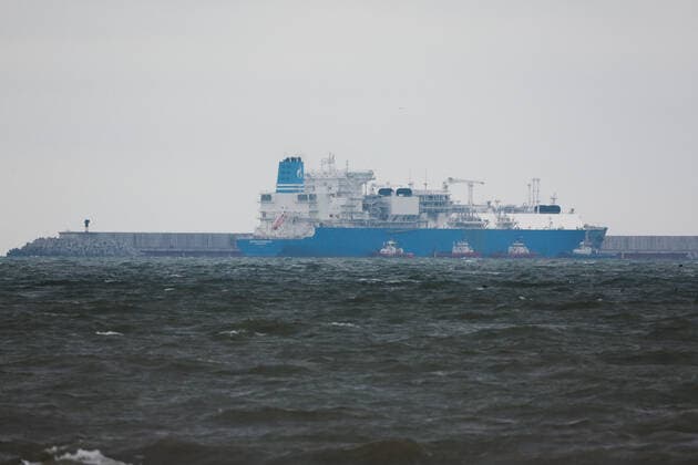 KALININGRAD REGION, RUSSIA â€“ FEBRUARY 2, 2022: A view of Gazprom s Marshal Vasilevskiy floating storage and regasification unit at an offshore gas receiving terminal in the Baltic Sea. To enhance energy security of the Kaliningrad Region, Gazprom ran a project to supply liquefied natural gas (LNG) by sea. Vitaly Nevar TASS  TS120FCB