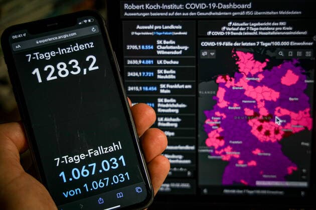 Coronavirus in Deutschland - Covid-19-Dashboard des Robert Koch-Institut 03.02.2022: Robert Koch-Institut: 7-Tage-Inzidenz 1283,2. 7-Tage-Fallzahl 1.067.031 COVID-19-Fälle 10.422.764. Zugang um 236.120 gegenüber dem Vortag. COVID-19-Todesfälle 118.334. Zugang um 164 gegenüber dem Vortag.
