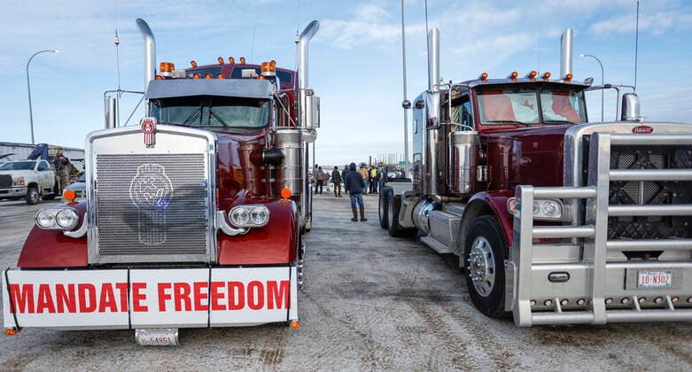 February 3, 2022, Milk River, AB, CANADA: Anti-COVID-19 vaccine mandate demonstrators block the highway in Milk River, Alta., Thursday, Feb. 3, 2022. Milk River CANADA  - ZUMAc35_ 20220203_zaf_c35_087 Copyright: xJeffxMcintoshx