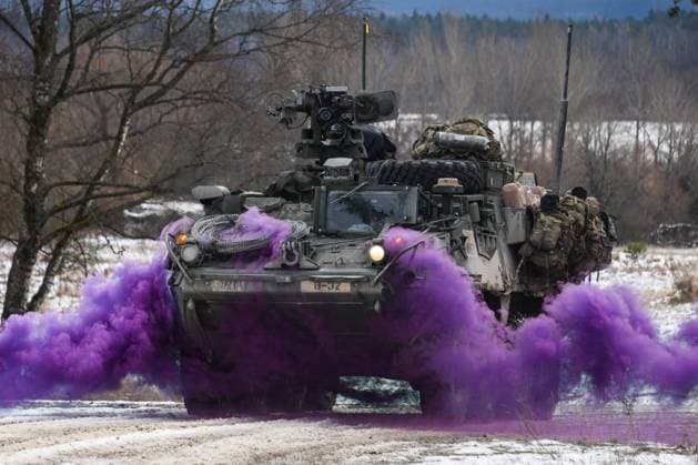 February 2, 2022: About 3,000 U.S. troops will deploy to locations in Eastern Europe in the coming days in response to the Russian buildup near the Ukraine border. FILE PICTURE SHOT ON: January 11, 2022, Grafenwoehr, Germany: U.S. Soldiers, assigned to Bull Troop, 1st Squadron, 2nd Cavalry Regiment, maneuver a Stryker armored vehicle during a situational training exercise at the 7th Army Training Command s Grafenwoehr Training Area. Grafenwoehr Germany  - ZUMA0-01 20220203_int_z03_080 Copyright: xMarkusxRauchenberger U.S.xArmyx