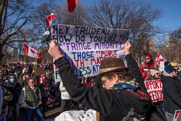 February 5, 2022, Toronto, Ontario, Canada: Protesters gather on the streets on Toronto in opposition of COVID-19 measures and vaccine mandates imposed by the Justin Trudeau government. Organized by the Ã¢â‚¬oeFreedom ConvoyÃ¢â‚¬Â, the demonstration began with a cross-country trek opposing the federal governmentÃ¢â‚¬â ¢s vaccine mandate for cross-border truckers. Toronto Canada - ZUMAc232 20220205_zip_c232_003 Copyright: xGilesxCampbellx
