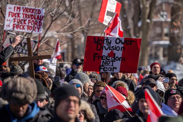 February 5, 2022, Toronto, Ontario, Canada: Protesters gather on the streets on Toronto in opposition of COVID-19 measures and vaccine mandates imposed by the Justin Trudeau government. Organized by the Ã¢â‚¬oeFreedom ConvoyÃ¢â‚¬Â, the demonstration began with a cross-country trek opposing the federal governmentÃ¢â‚¬â ¢s vaccine mandate for cross-border truckers. Toronto Canada - ZUMAc232 20220205_zip_c232_004 Copyright: xGilesxCampbellx