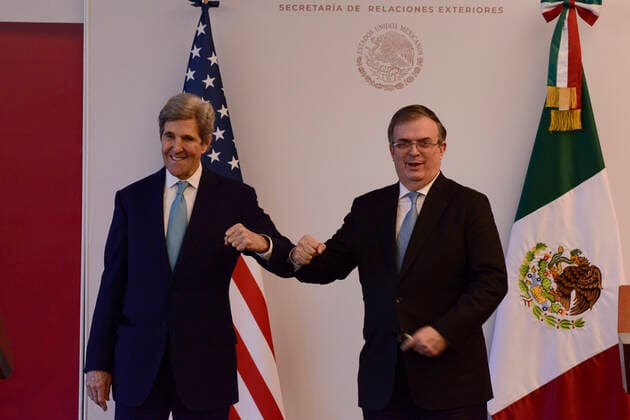 John Kerry Working Visit To Mexico MEXICO CITY, MEXICO - FEBRUARY 9, 2022: John Kerry, US Special Presidential Envoy for Climate and Mexico™s Foreign Affairs Minister Marcelo Ebrard they elbow greetings after end a press conference to discuss climate change and electricity reform at the Foreign Office. On February 9, 2022 in Mexico City, Mexico. (Photo by Carlos Tischler Eyepix Group) Copyright: xCarlosxTischlerx xEyepixxGroupx EYEPIX_CT_09022022_55551