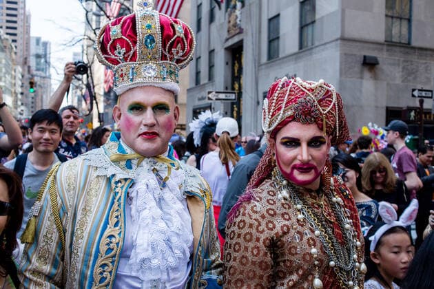 New York, NY - April 16, 2017. Two men in exotic bejeweled headpieces and costumes at New York s annual Easter Bonnet Parade and Festival on Fifth Avenue. New York Fifth Avenue NY US Copyright: xEdxLefkowiczx EJL-140416-1002